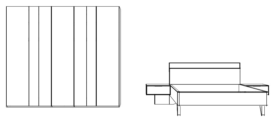 Illustration von einem Schrank und einem Bett mit zwei Konsolen vor weißem Hintergrund