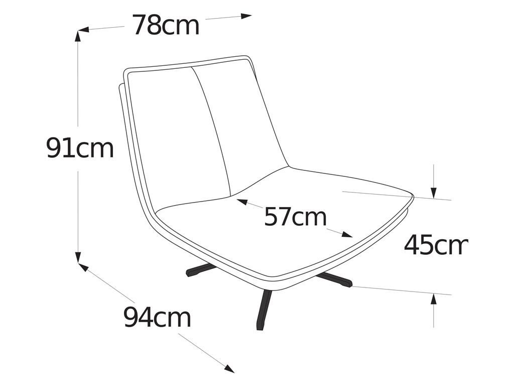 Linienzeichnung eines Sessels mit den Maßen: Höhe 91 cm, Breite 78 cm, Tiefe 94 cm, Sitzhöhe 45 cm, Sitztiefe 57 cm.