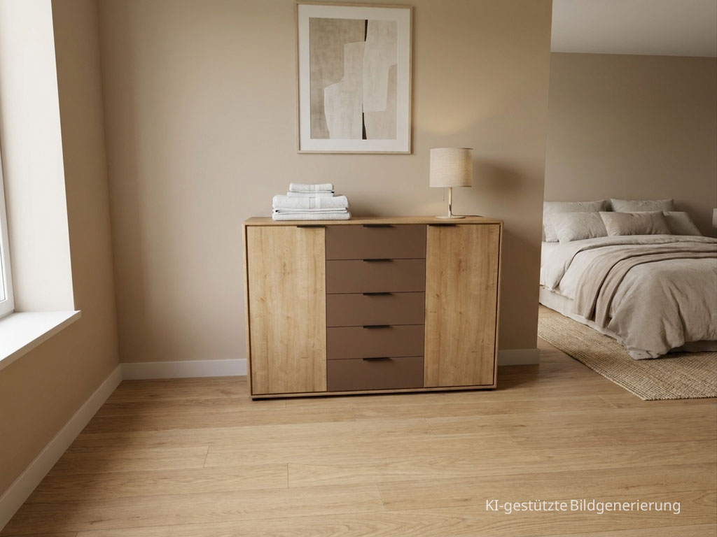 Moderne braune Kommode mit zwei Türen und fünf Schubladen stilvoll dekoriert in einem modernen Zimmer, Bild KI generiert
