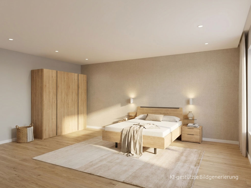 Modernes braunes Schlafzimmer mit einem viertürigen Kleiderschrank, Doppelbett und zwei Konsolen stilvoll dekoriert in einem modernen Zimmer generiert, Bild KI-generiert