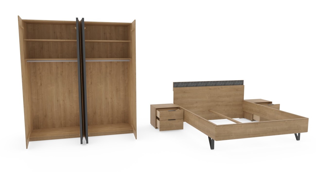 brauner geöffneter Schrank und Bett mit zwei Konsolen vor weißem Hintergrund