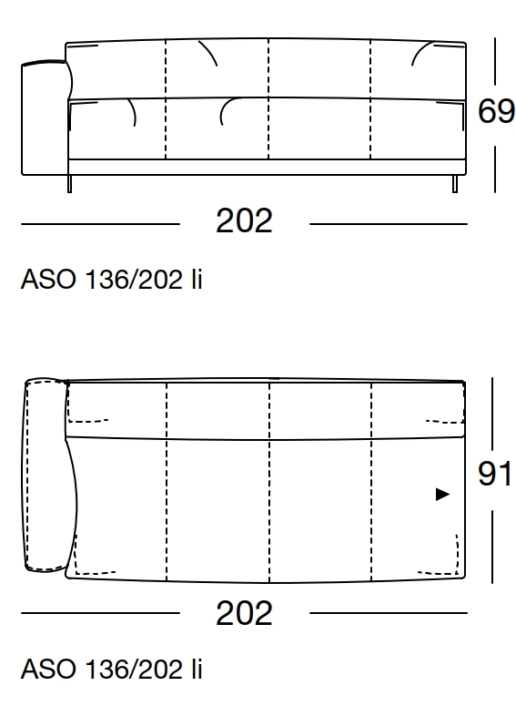Maßzeichnung eines Sofaelements vor weißem Hintergrund freistil Rolf Benz 136