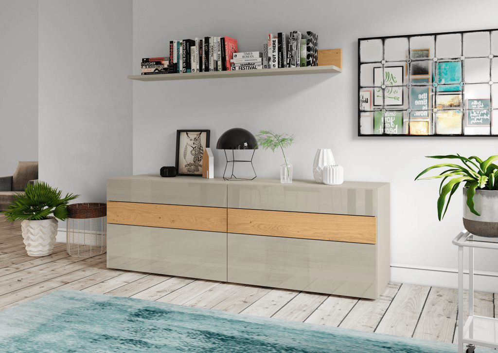 grau glänzendes Sideboard mit Holz Akzent