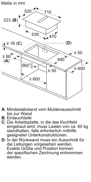 Diagramm mit den Einbaumaßen für ein Kochfeld, Mindestabstände und Einbautiefe in Millimetern angegeben.