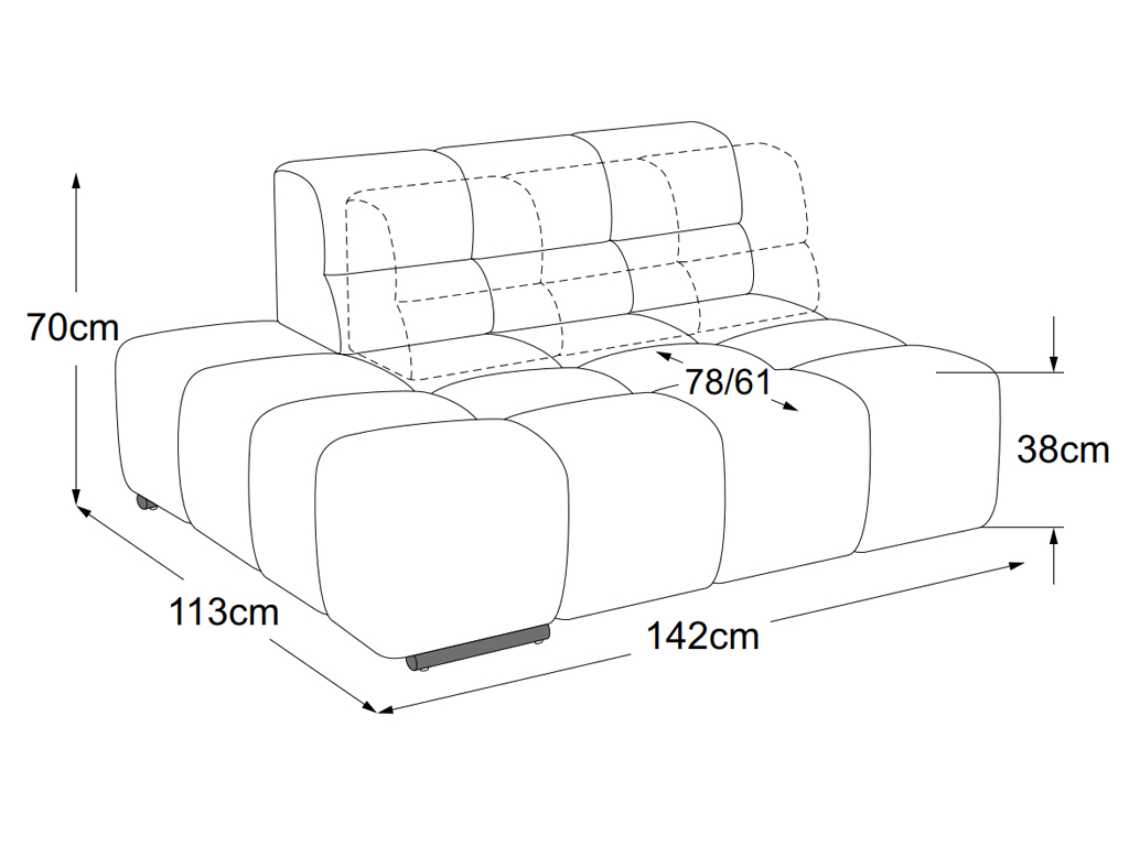 designwerk Temple - 2HT links | B: 142 cm | mit Rückenverstellung | D021520 Maßzeichnung eines Sofaelements vor weißem Hintergrund designwerk Temple