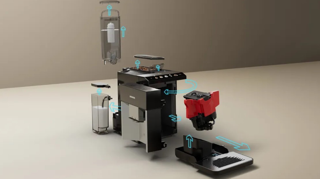 Explosionszeichnung einer Kaffeemaschine mit abnehmbaren Teilen zur vereinfachten Reinigung und Wartung, inklusive Wassertank und Brüheinheit.