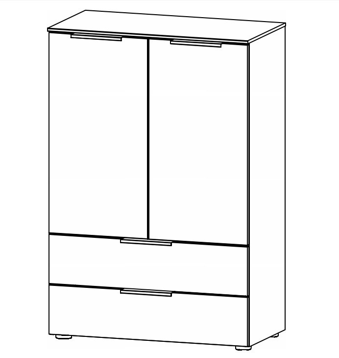 Illustration einer Kommode mit zwei Schubladen und zwei Türen vor weißem Hintergrund