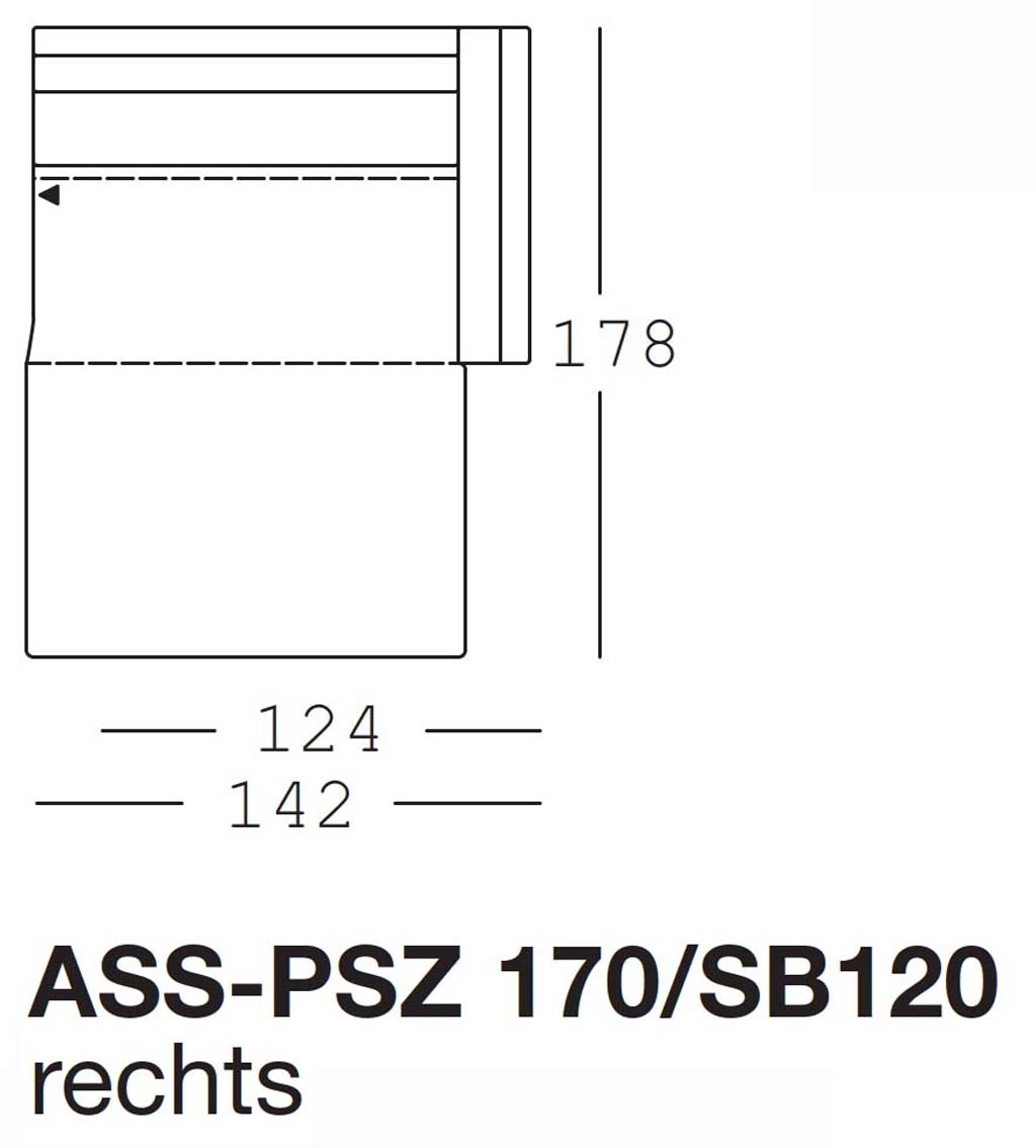 freistil Rolf Benz 170 - Abschlusssessel mit Polstersitz rechts | Sitzbreite: 120 cm | ASS-PSZ 170/SB120re Maßzeichnung eines Sofaelements vor weißem Hintergrund freistil Rolf Benz 170