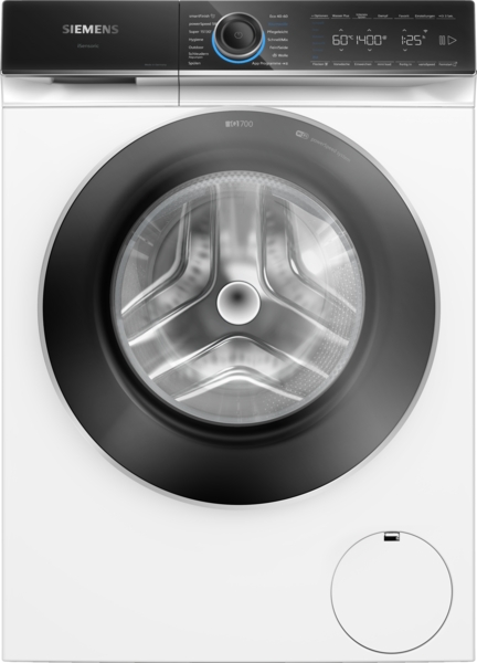 Siemens - Waschmaschine iQ700  | Frontlader 9 kg | 1400 U/min. | WG44B2A40 Vorderansicht einer Siemens Waschmaschine mit großem Bullauge und digitalem Display