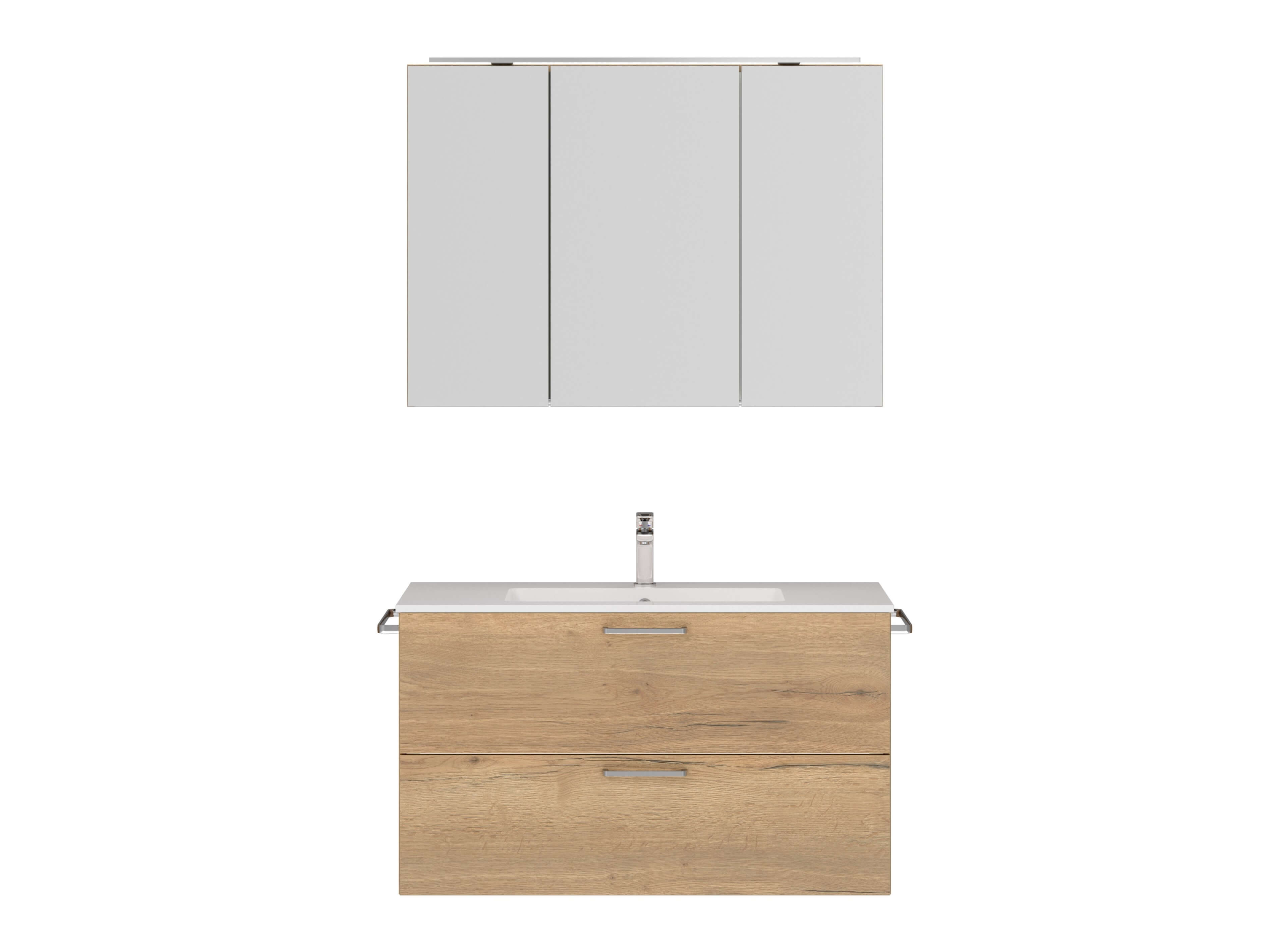waschtischschrank zwei schubladen und griff braun mit einbauwaschbecken armatur zwei handtuchhalter und spiegelschrank nobilia