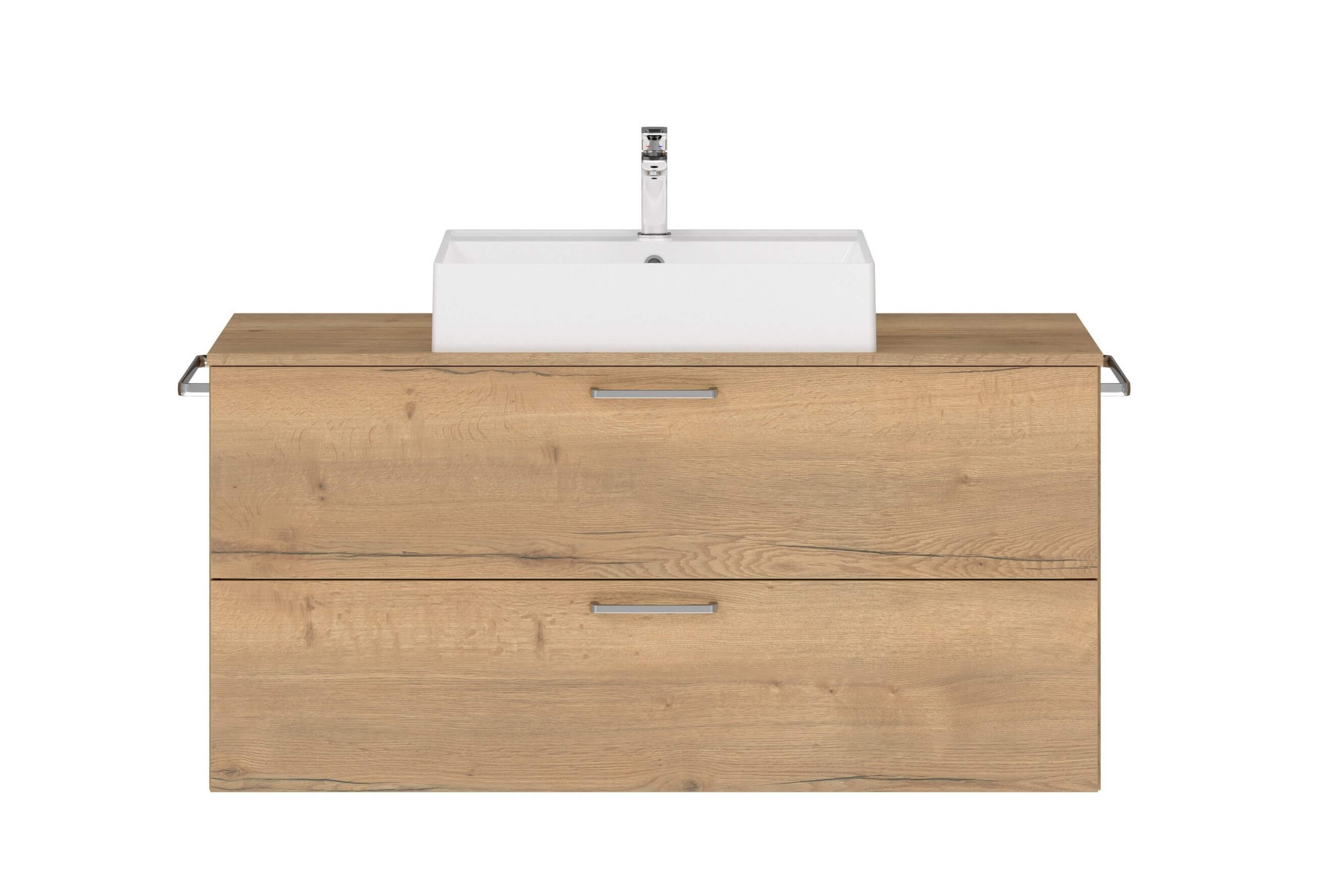 Badschrank braun mit zwei Schubladen mit eckigem Aufsatzwaschbecken Handtuchhaltern und Armatur nobilia