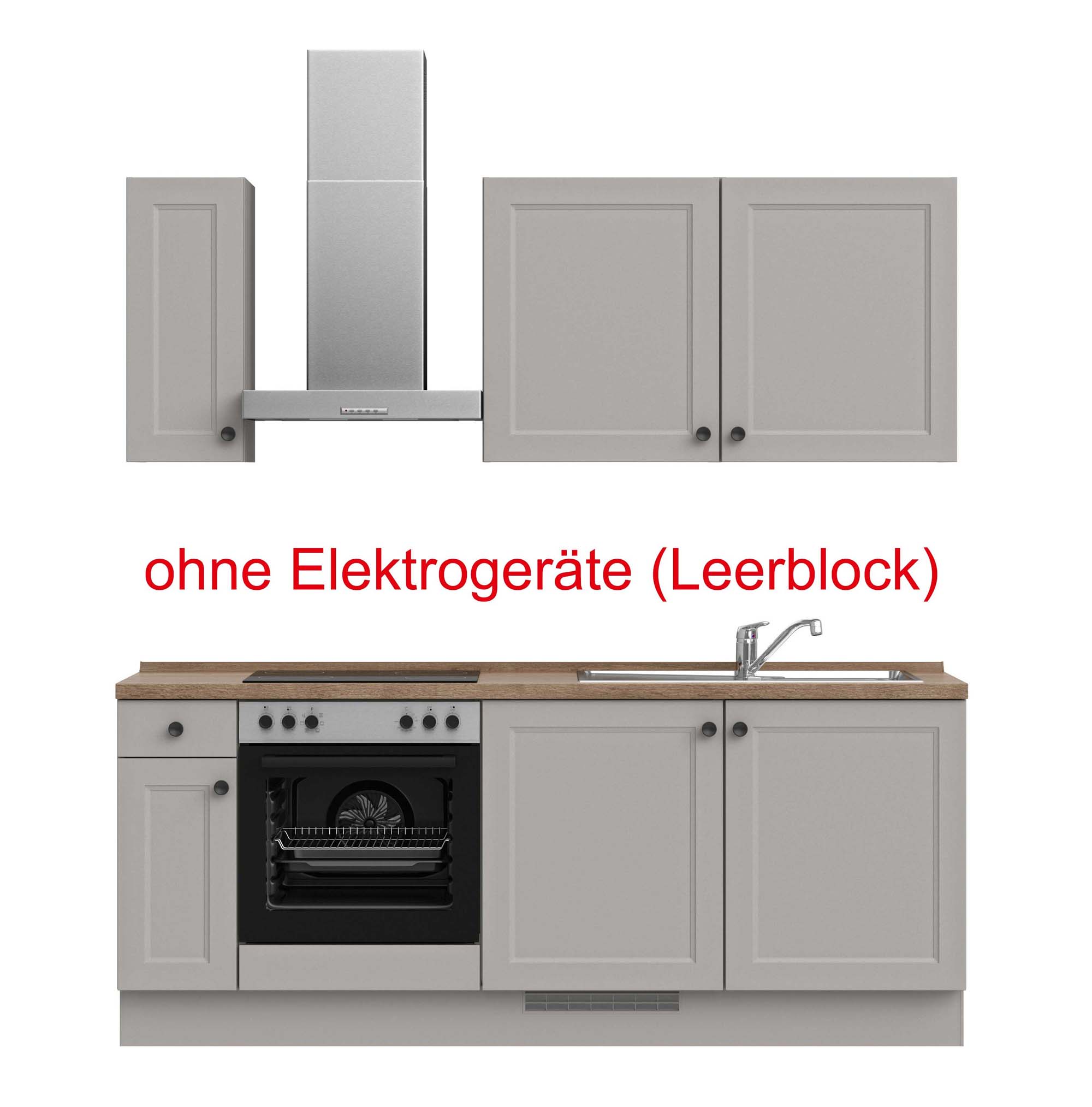 küchenzeile grau, braun mit Backofen, Herd, Dunstabzugshaube, Waschbecken, Armatur mit Hinweistext ohne Elektrogeräte (Leerblock) nobilia cascada