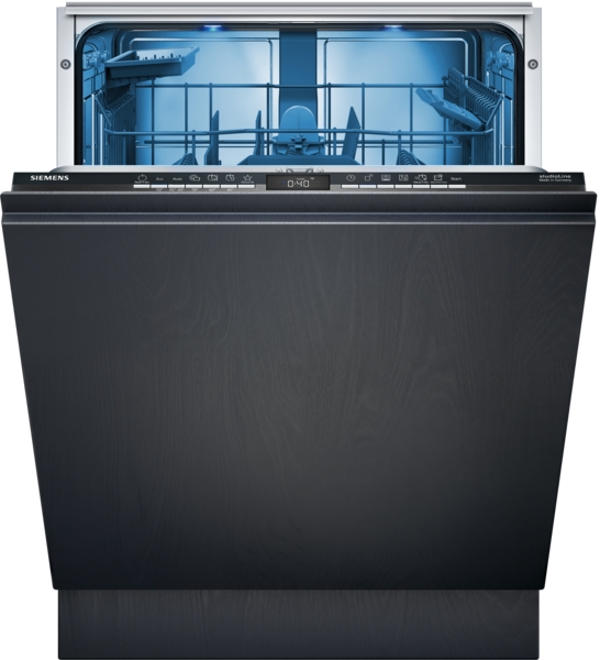 Siemens studioLine - Vollintegrierter Geschirrspüler iQ300 (60 cm) INKL. 5 JAHRE GARANTIE | SN63E806BE Offener Siemens Geschirrspüler mit blauer Innenbeleuchtung und schwarz lackierter Front