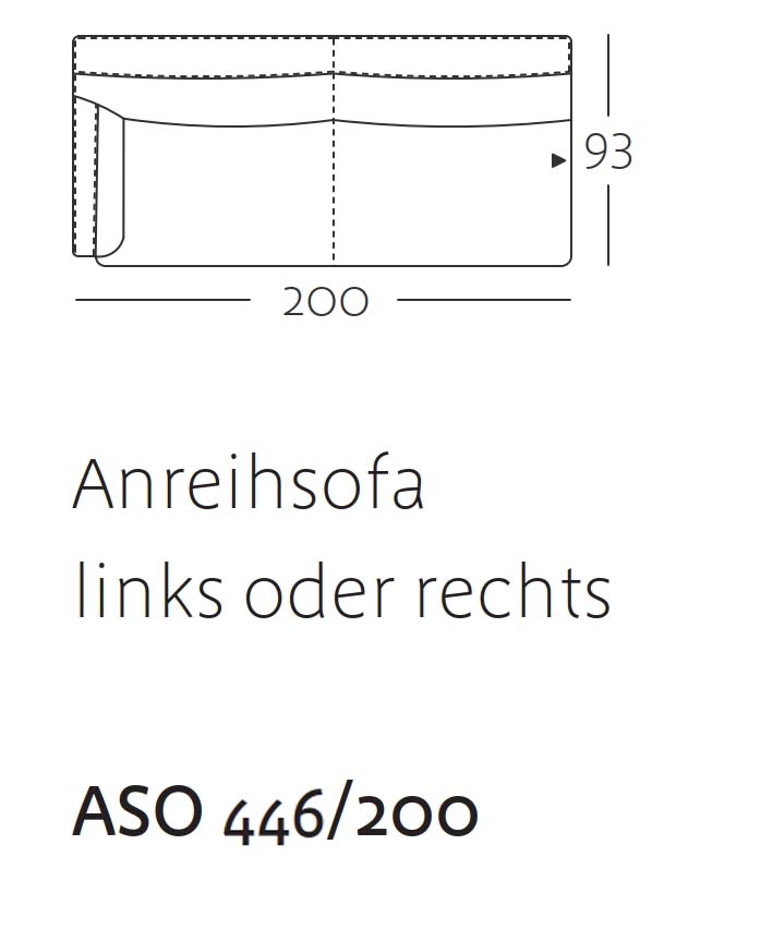 Technische Zeichnung eines Anreihsofas, wahlweise links oder rechts ausgerichtet, Modell ASO 446/200 mit den Abmessungen 200x93 cm