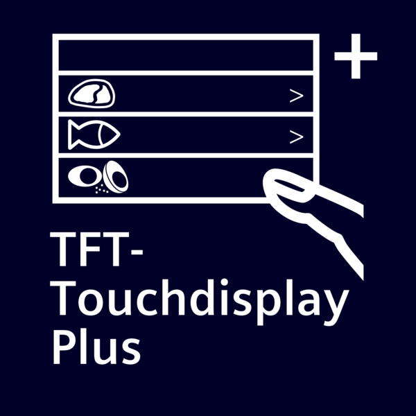 Symbol eines TFT-Touchdisplays mit Menüoptionen Fleisch, Fisch und Gemüse zur Auswahl per Touch