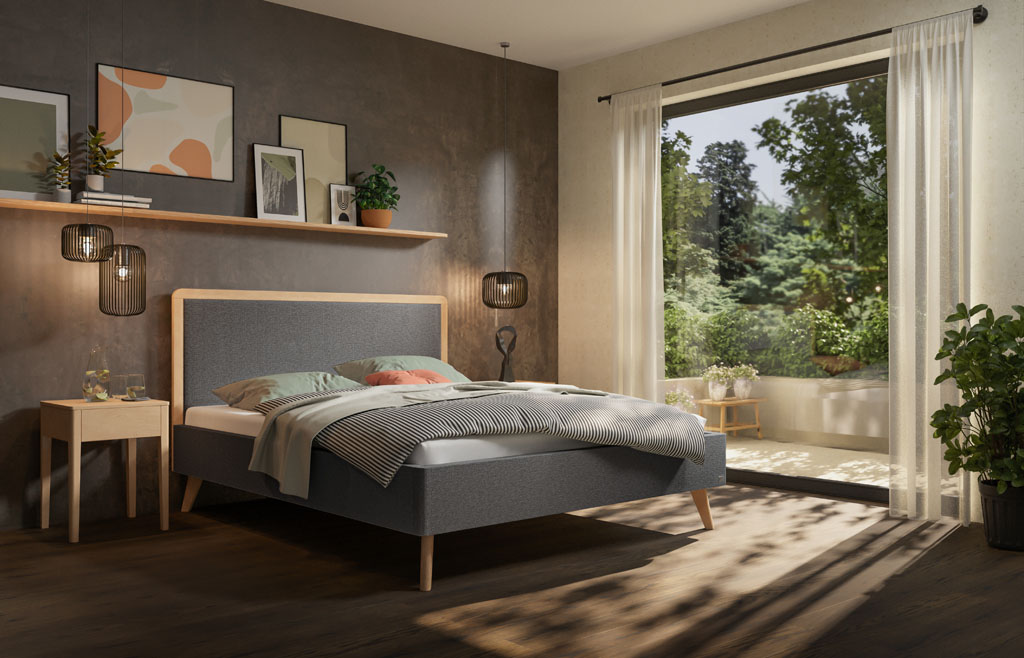 Grau bezogenes Polsterbett mit Holzeinfassung am Kopfteil und Holzfüßen in einem modern beleuchteten Schlafzimmer (KI-generiert)