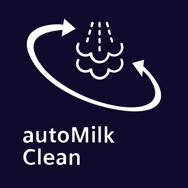 Icon mit Dampf und Pfeilen in beide Richtungen - Aufschrift "autoMilk Clean"