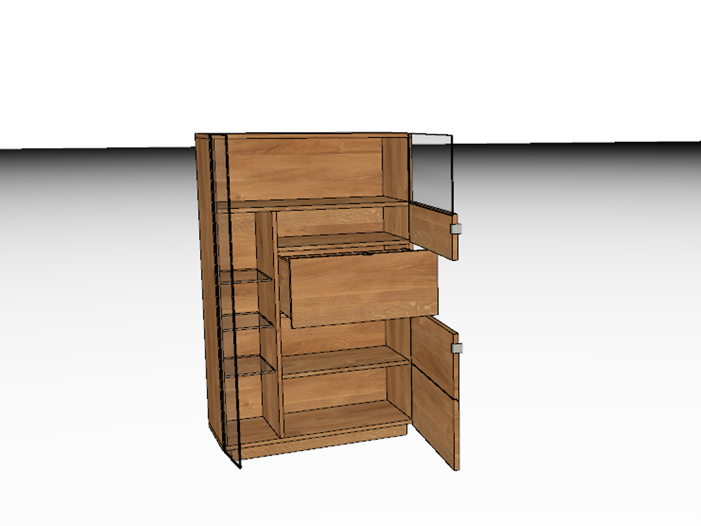 Holzschrank mit offenen Schubladen und Regalen, ideal zur Aufbewahrung