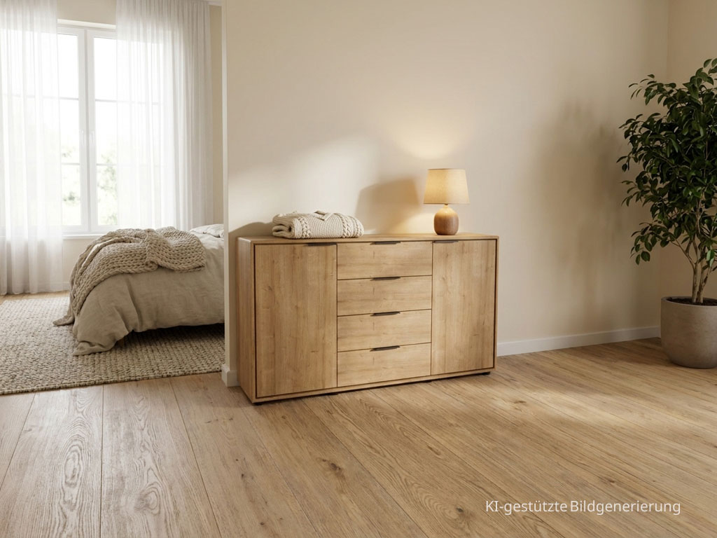 Moderne braune Kommode mit zwei Türen und vier Schubladen stilvoll dekoriert in einem modernen Zimmer, Bild KI generiert