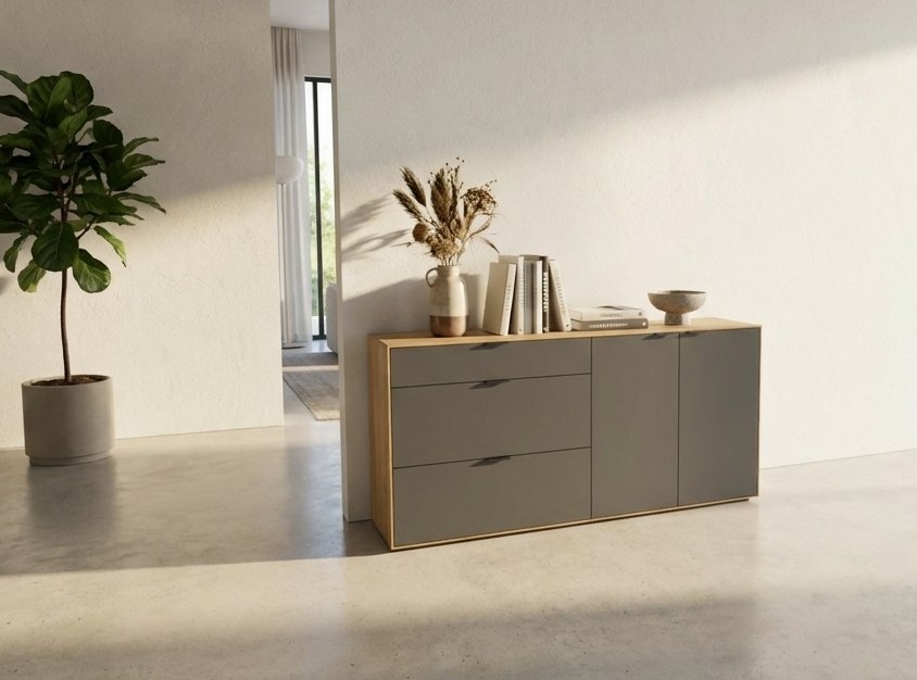 modernes braun graues Sideboards stilvoll dekoriert in einem modernen Zimmer