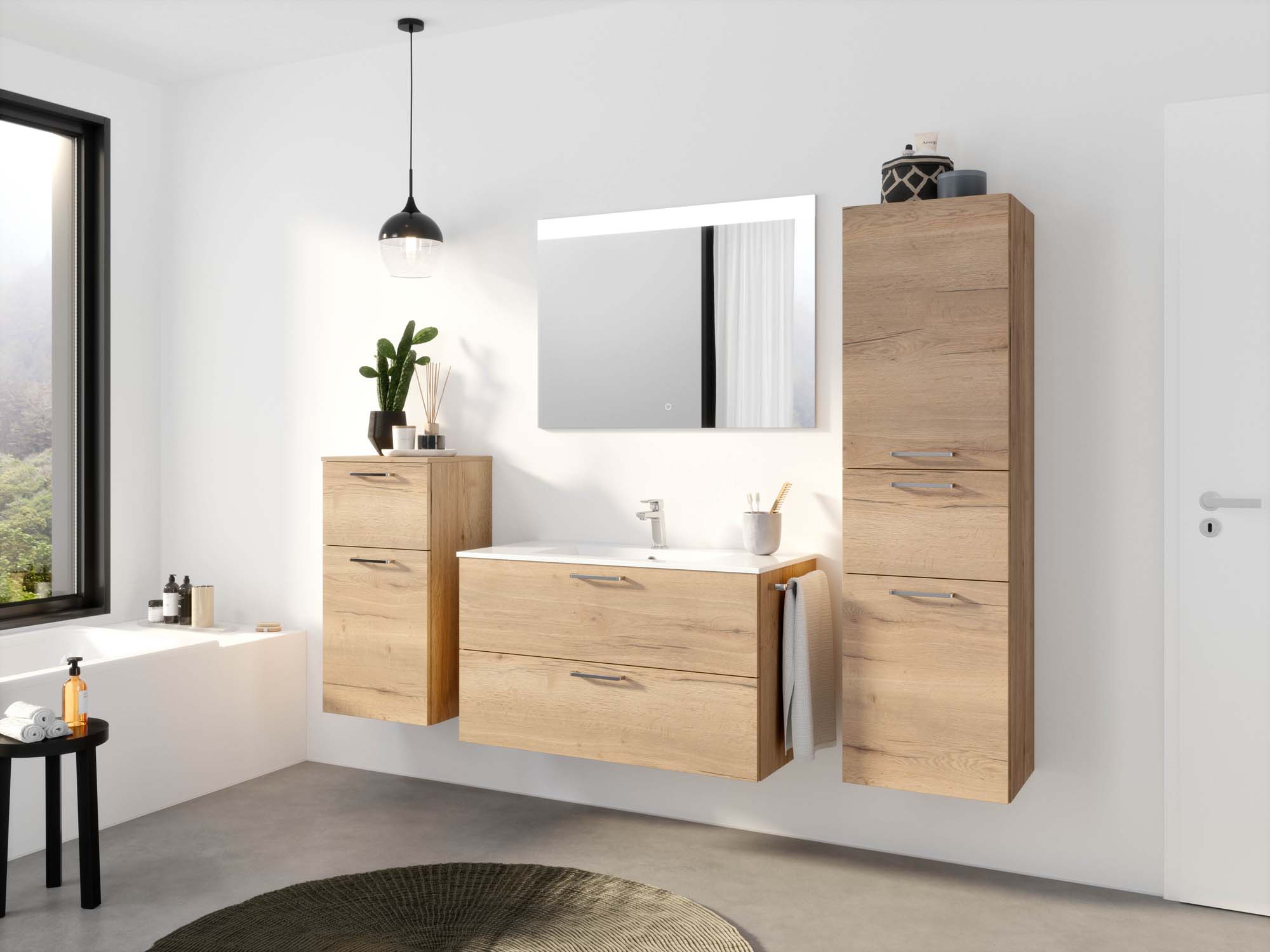 Badezimmermöbel-Set 3 Schränke Eiche Nachbildung mit Waschtisch und Spiegel nobilia 