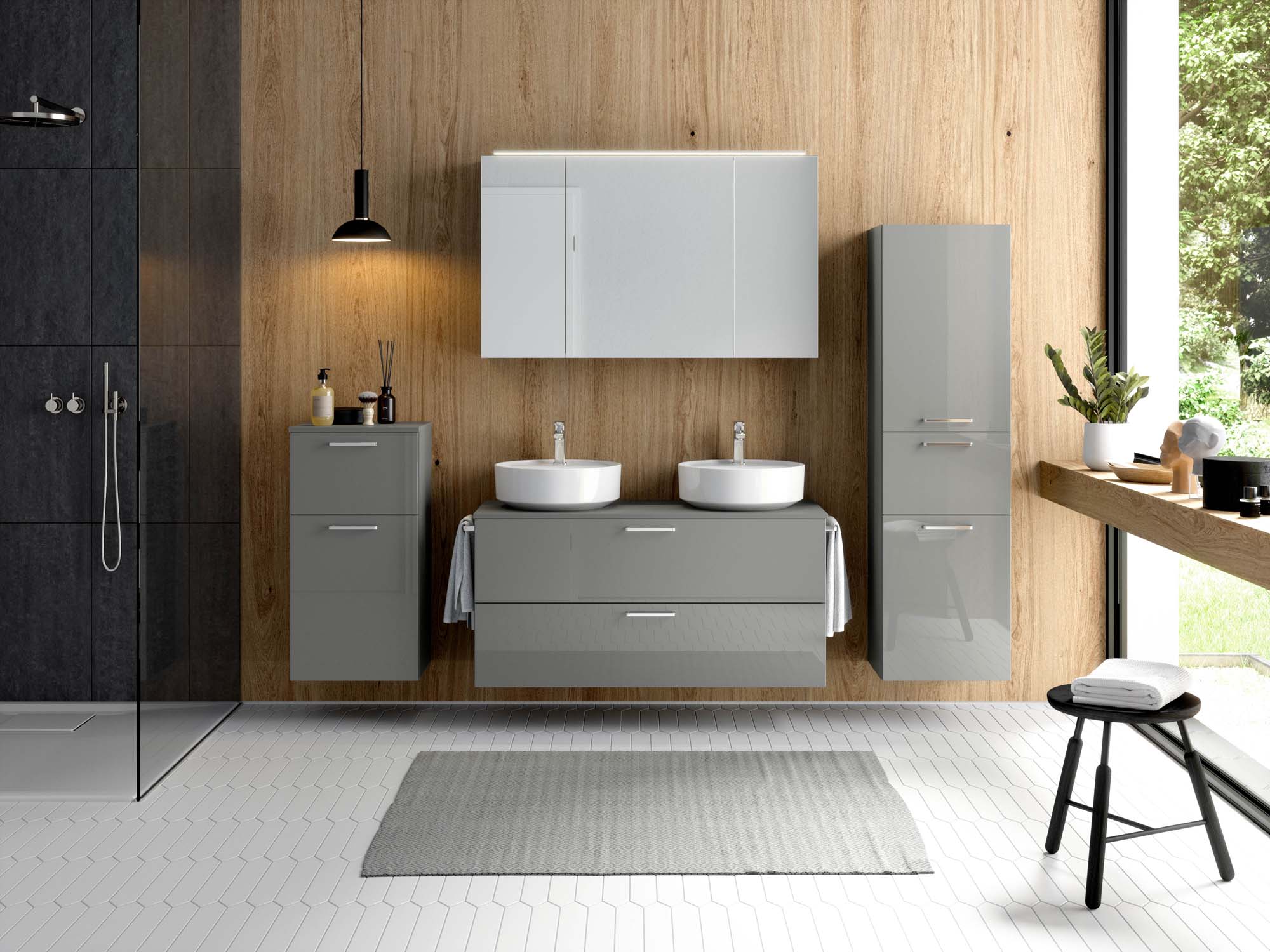 Badezimmermöbel-Set 3 Schränke grau mit Waschtisch und Spiegelschrank nobilia