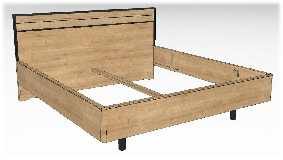 Abbildung eines hölzernen Bettgestells mit schwarzen Details, ohne Matratze