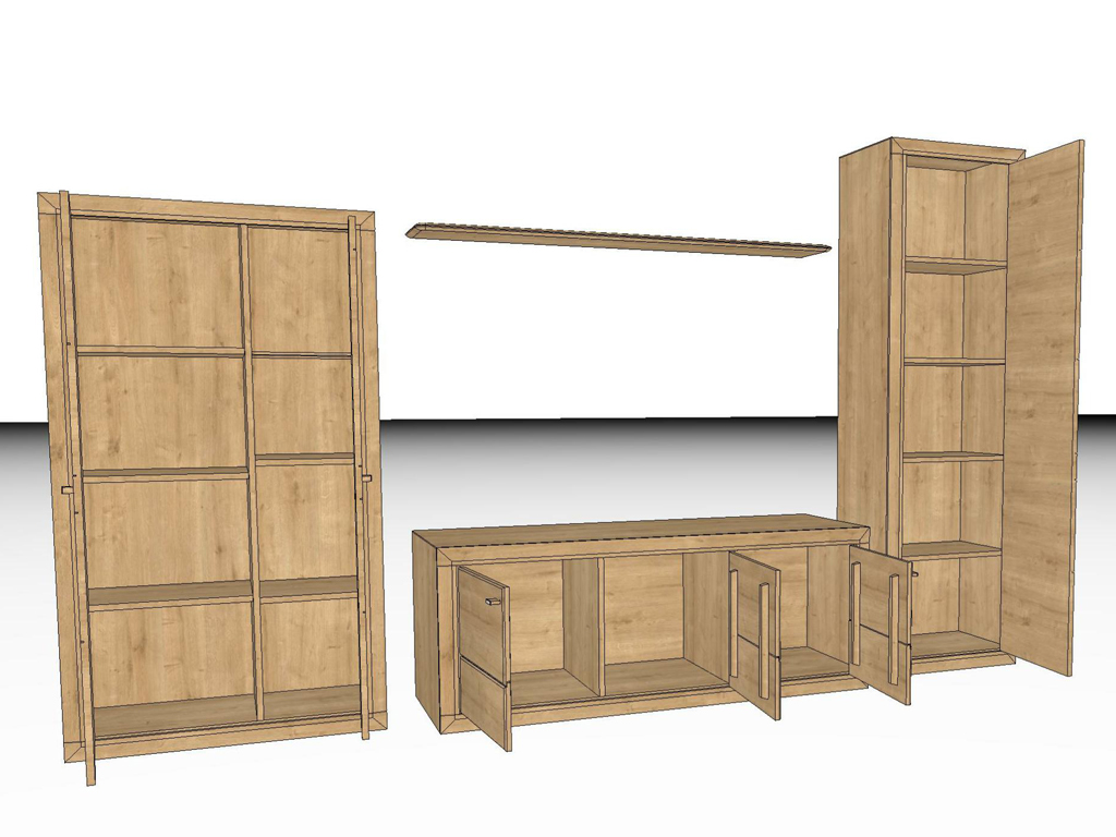 Ein Set aus modernen Holzschränken, bestehend aus einem hohen Schrank, einem niedrigen Regal und einem Bücherregal.