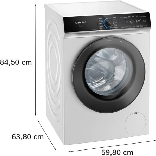 Siemens iQ700 Waschmaschine WG44B2071 mit den Maßen: Höhe 84,50 cm, Tiefe 63,80 cm und Breite 59,80 cm.
