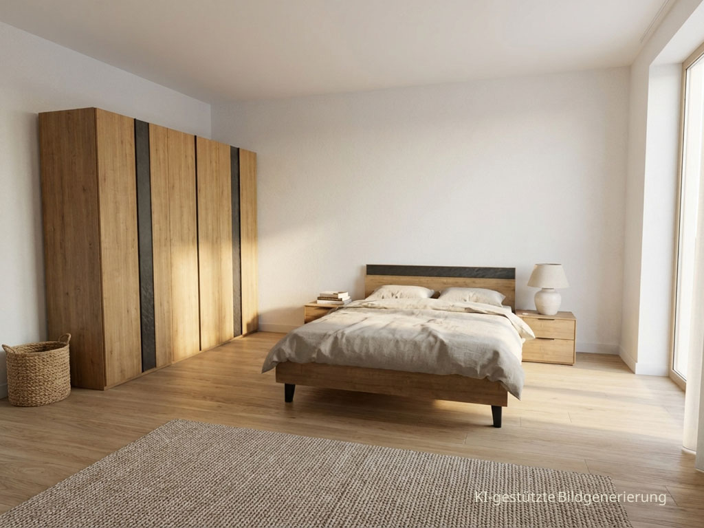 modernes braunes Schlafzimmer mit Bett und Kleiderschrank stilvoll dekoriert in einem hellen Raum, Bild KI generiert