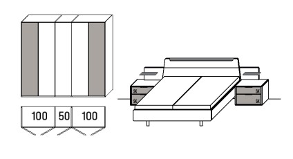 Illustration von einem Schrank mit fünf Türen und Maßangaben und einem Bett mit zwei Konsolen vor weißem Hintergrund