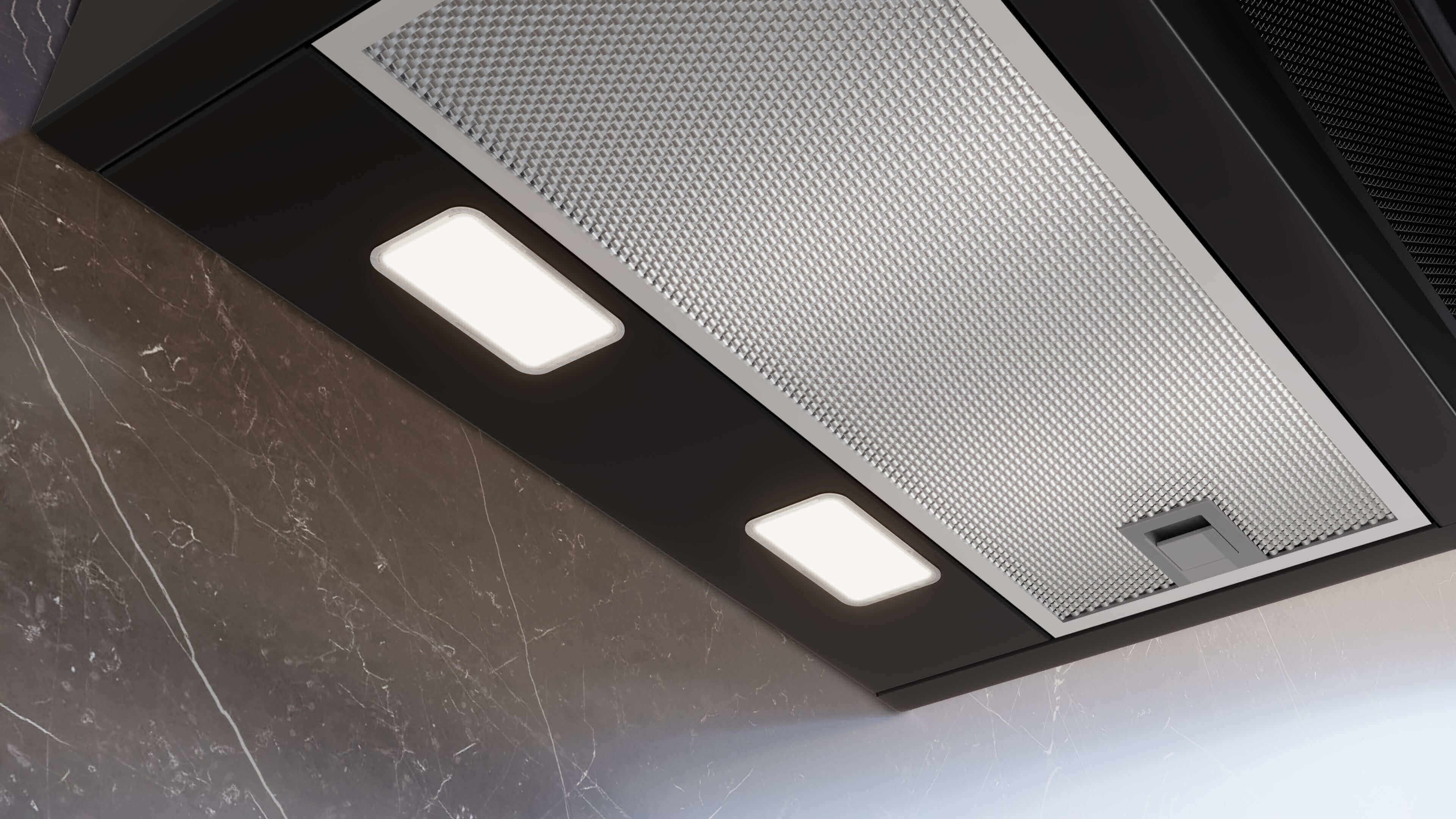 Nahaufnahme der LED-Beleuchtung und des Fettfilters an der Unterseite.