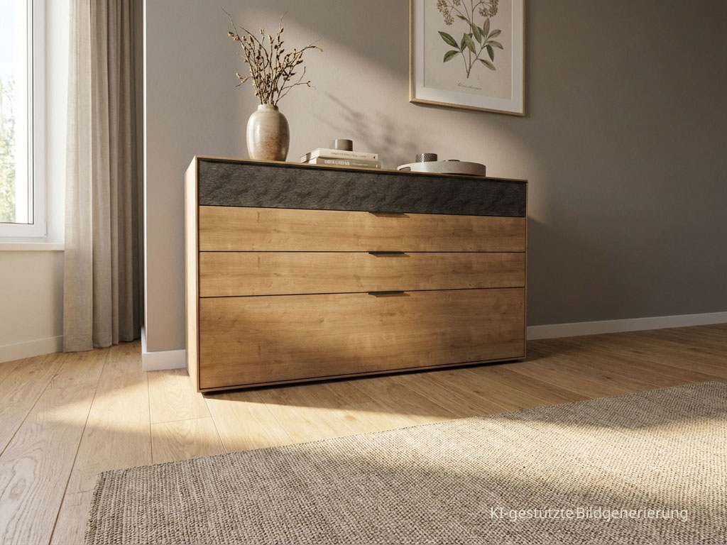 braune moderne Holzkommode mit graumeliertere Schublade stilvoll dekoriert in eine modernen Raum