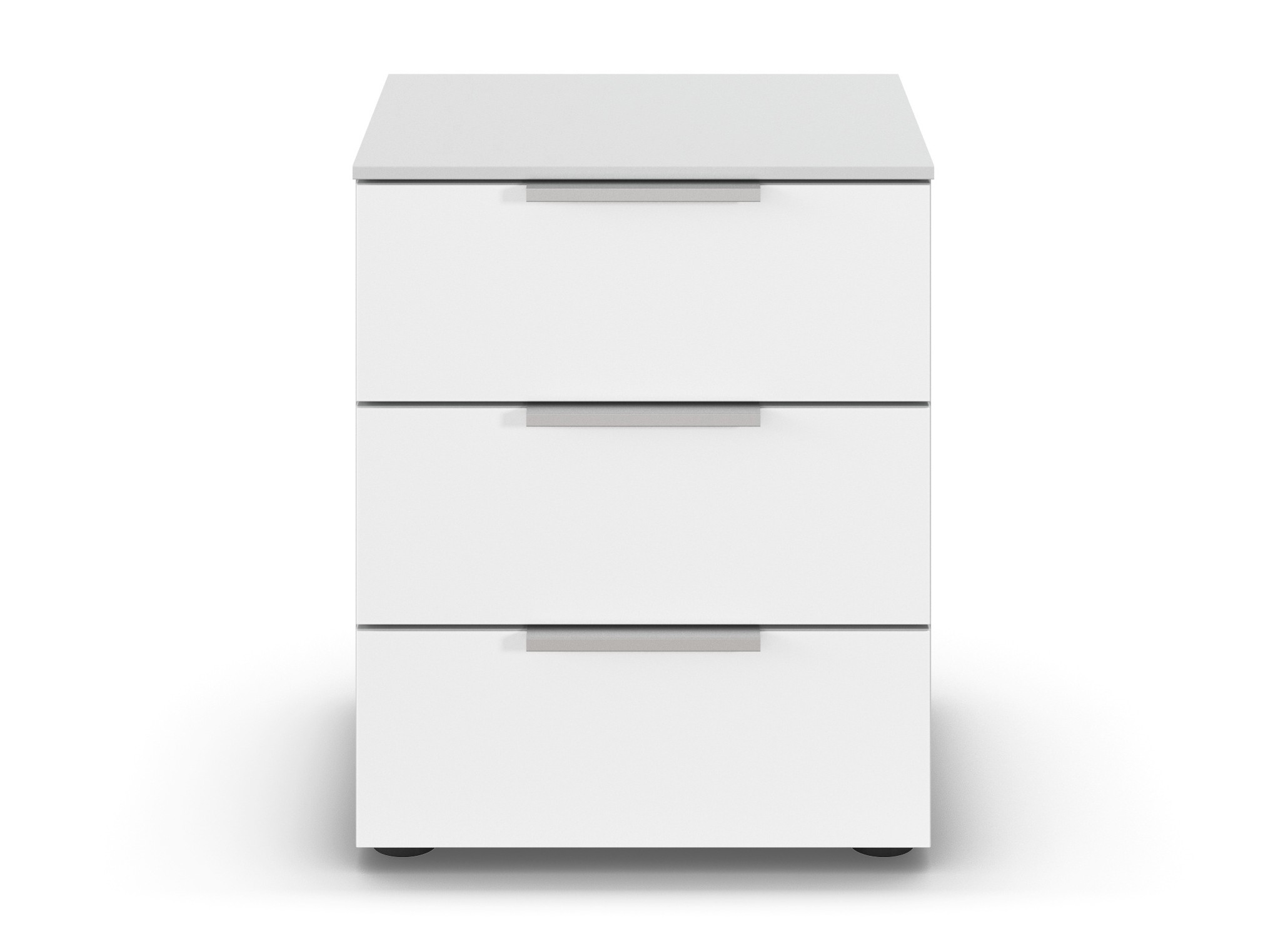 weißer Nachttisch mit drei Schubladen vor weißem Hintergrund