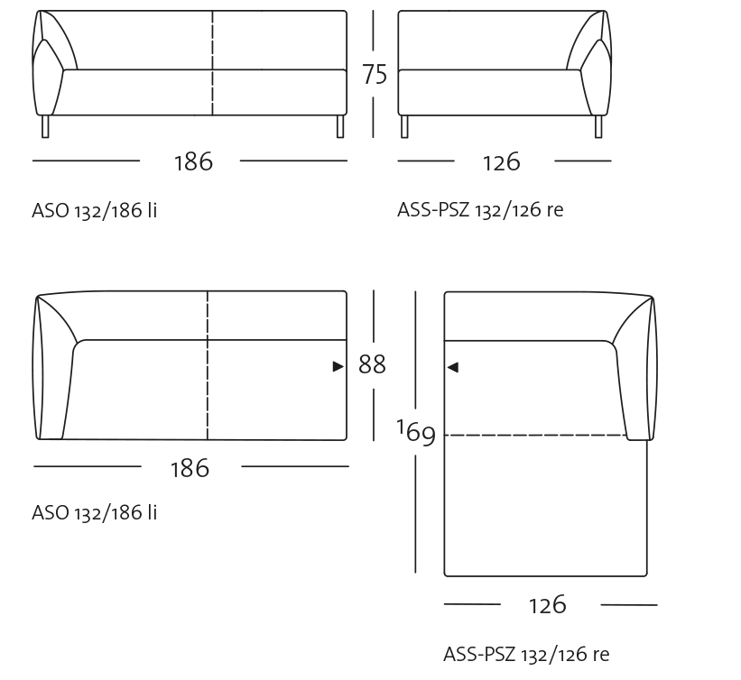 Technische Zeichnung der Sofa-Abmessungen ASO 132/186 links und ASS-PSZ 132/126 rechts mit Längen- und Höhenangaben