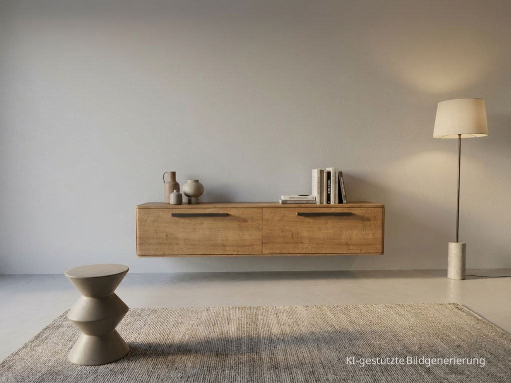 Modernes braunes Hängelowboards mit markanten Griffen stilvoll dekoriert in einem modernen Zimmer, Bild KI generiert