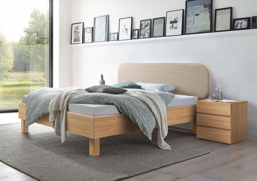Hasena Wood-Line Bett - Eiche bright, gehölt, Polsterkopfteil Glory beige | Liegefläche 180 x 200 cm