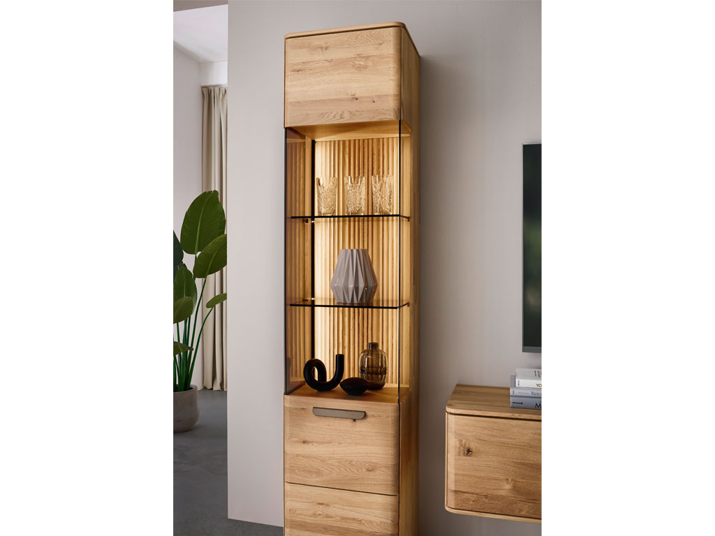 moderne Standvitrine aus Holz mit großem beleuchteten Vitrinenfach stilvoll dekoriert