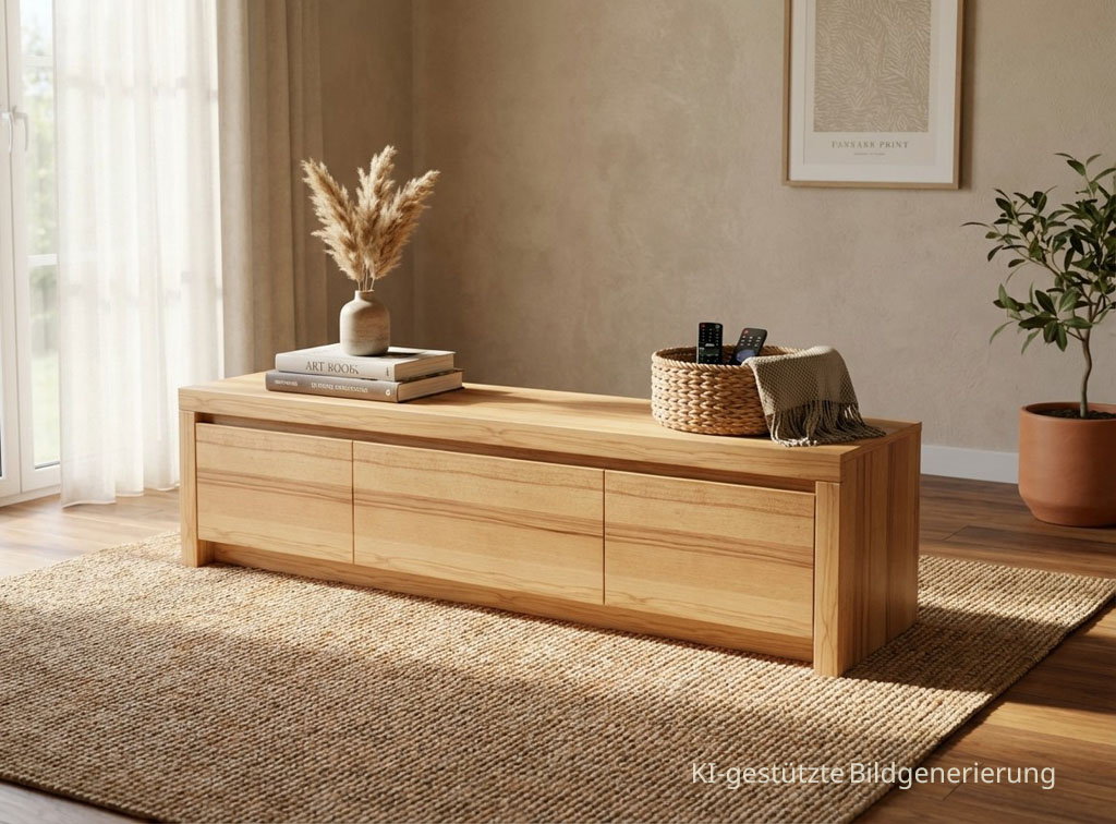 braunes Lowboard stilvoll dekoriert in einem modernen Zimmer, Bild KI generiert
