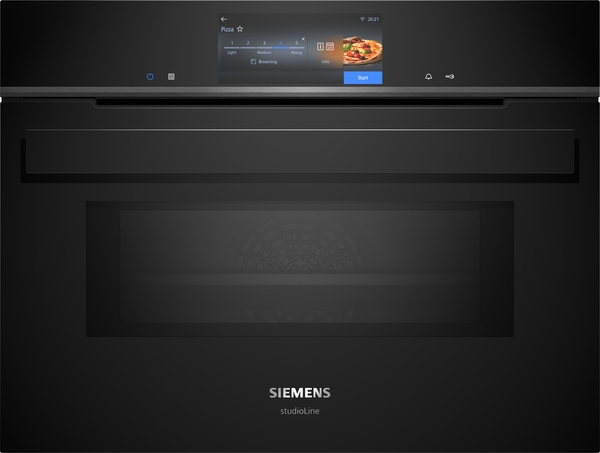 Siemens studioLine - Einbau-Kompaktbackofen mit Mikrowellenfunktion iQ700 (60x45 cm) INKL. 5 JAHRE GARANTIE | CM978GQB1 Moderner Siemens studioLine Backofen mit digitalem Touchscreen-Display, das eine Pizza-Anzeige zeigt.