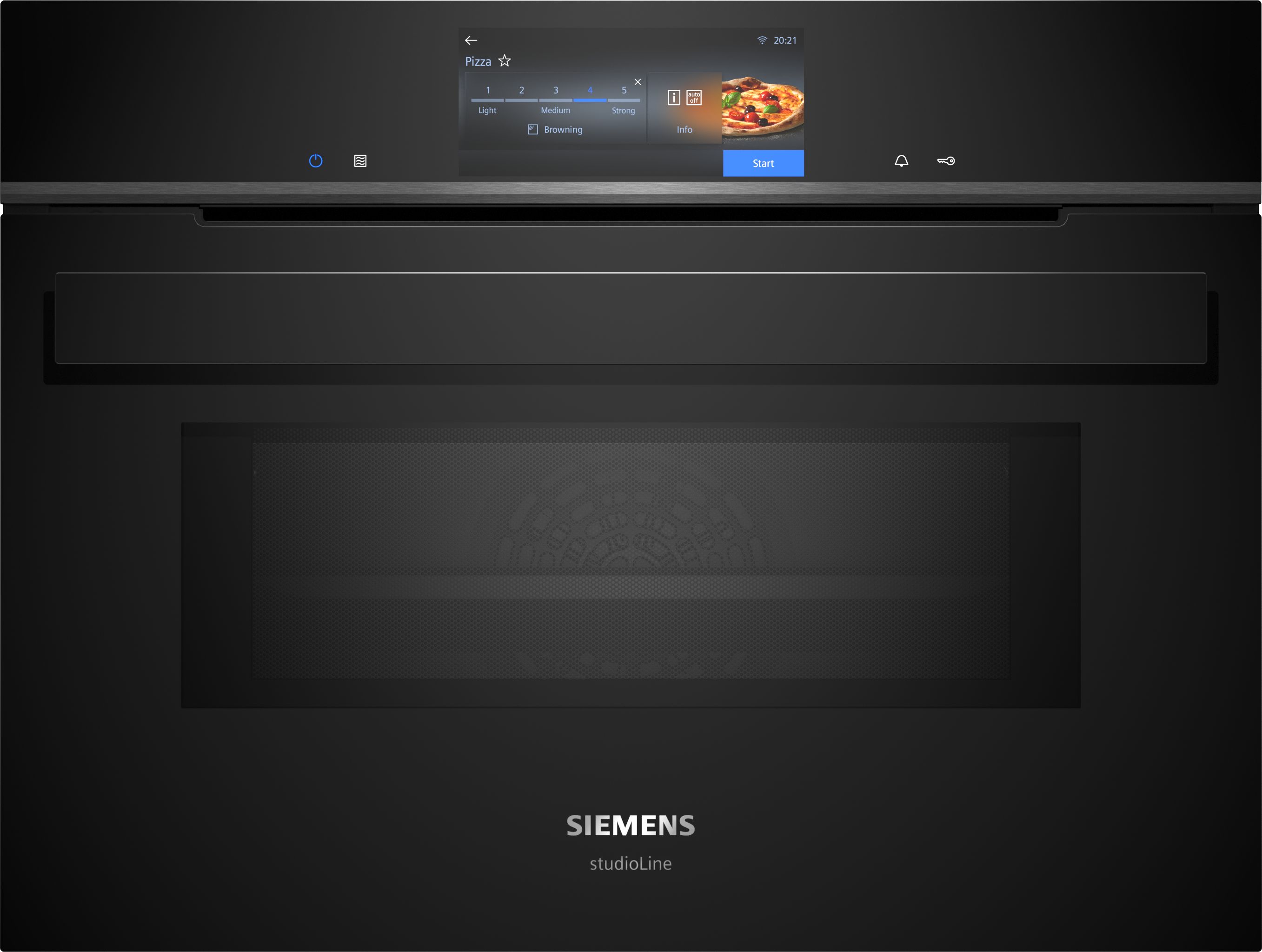 Moderner Siemens studioLine Backofen mit digitalem Touchscreen-Display, das eine Pizza-Anzeige zeigt.