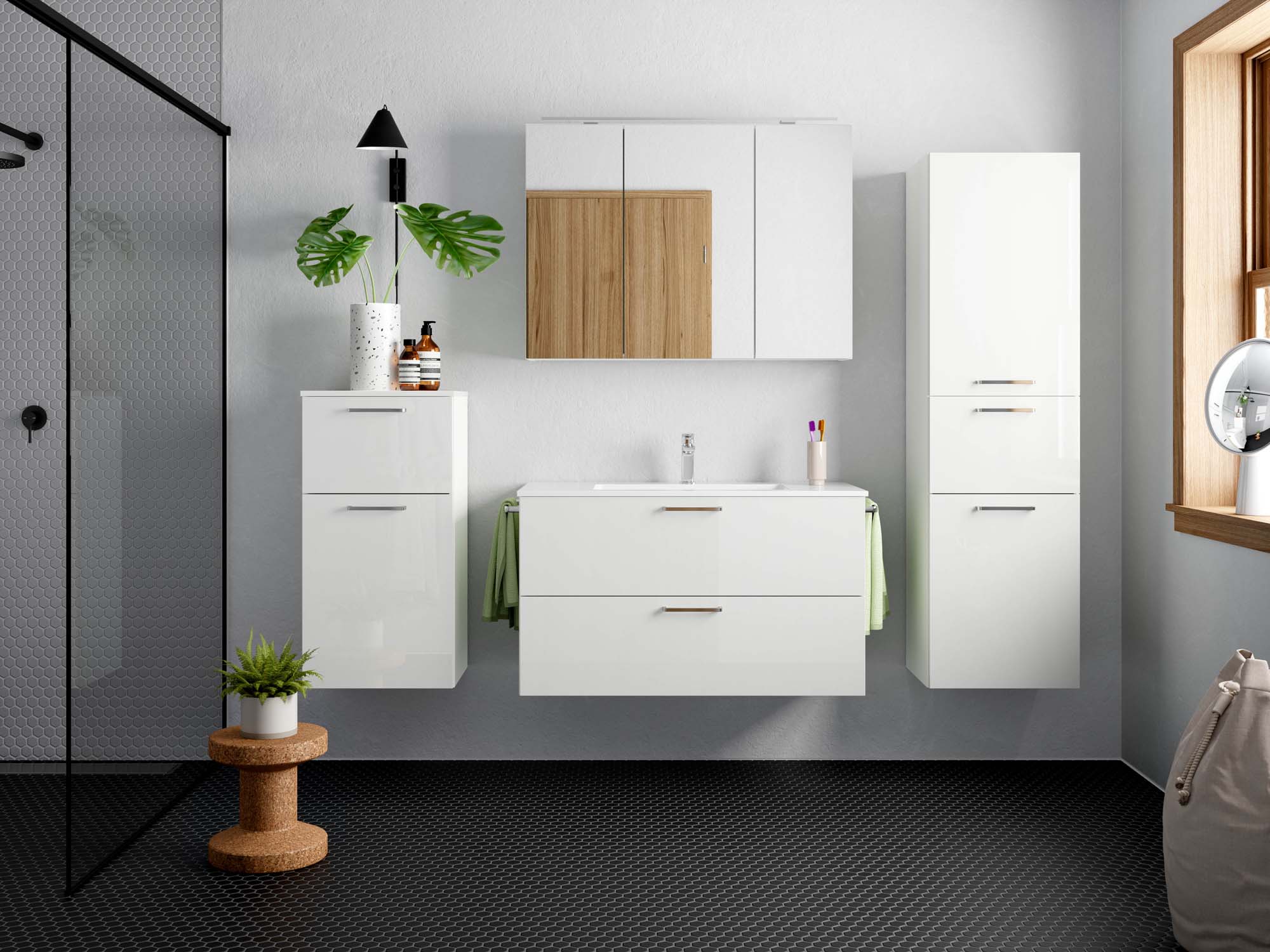 Badezimmermöbel-Set 3 Schränke weiß mit Waschtisch und Spiegelschrank nobilia
