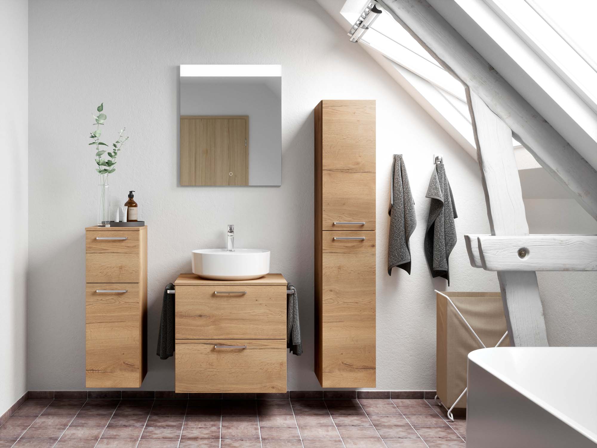 Badezimmermöbel-Set 3 Schränke braun mit Waschtisch und Spiegel nobilia 