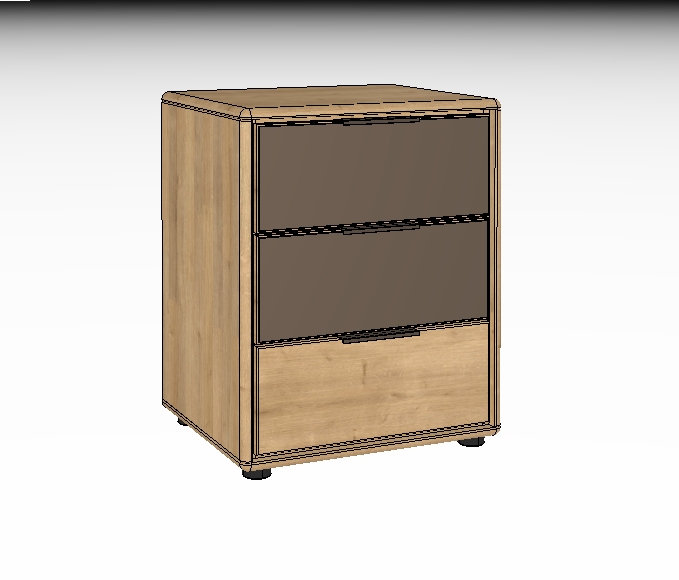 Holz-Nachttisch mit drei Schubladen auf hellem Hintergrund