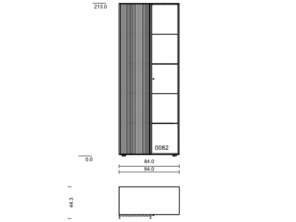 Technische Zeichnung eines Schranks mit den Maßen 213 cm Höhe, 84 cm Breite und 44,3 cm Tiefe, gezeigt im Front- und Seitenansicht.