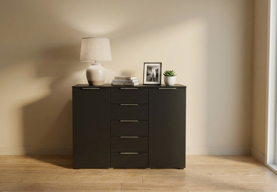 schwarze kommode mit fünf schubladen und zwei drehtüren außen stilvoll dekoriert in einem cremefarbigen zimmer