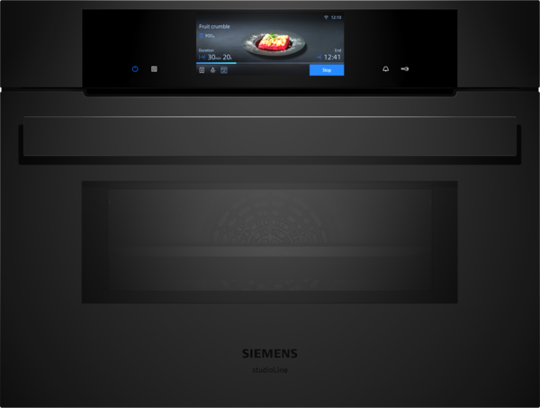 Frontansicht eines modernen, schwarzen Siemens Einbaubackofens mit integriertem TFT-Display und elegantem, dunklem Griff.