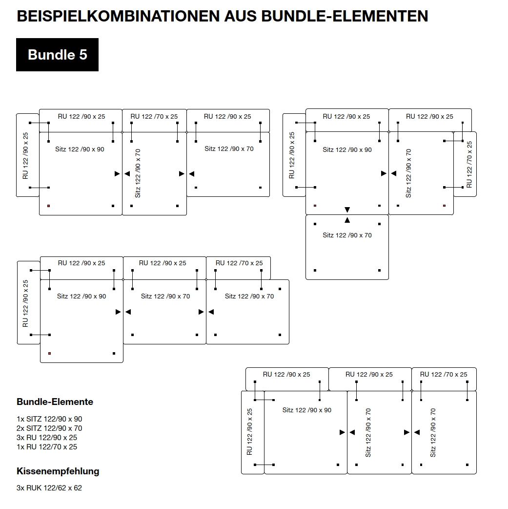 Grafische Darstellung von Beispielkombinationen aus verschiedenen Möbel-Elementen des Bundle 5, inklusive Sitz und Rückenlehnen.