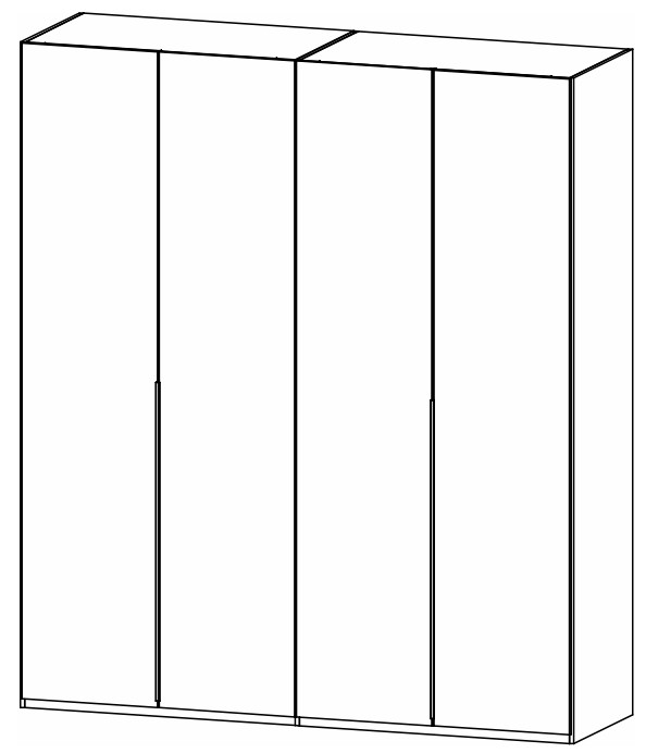 Strichzeichnung einer Frontansicht eines 4-türigen Kleiderschranks mit langen, vertikalen Griffstangen.