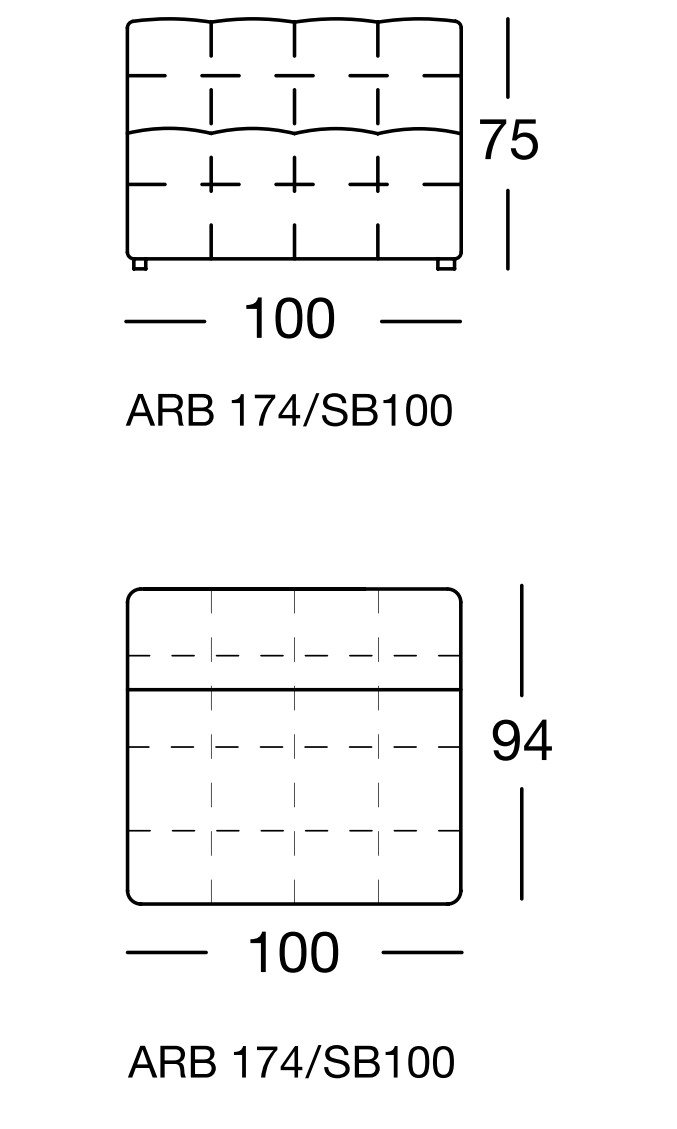 Maßzeichnung eines Sofaelements vor weißem Hintergrund